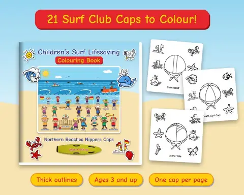 Northern Beaches Nippers Caps colouring book cover with sample pages